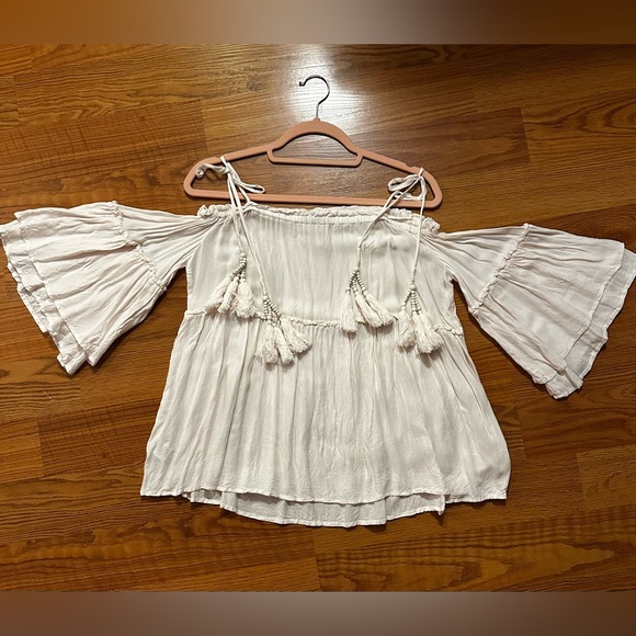 On The Road Off-Shoulder Tassel Peasant Blouse in Cream - Picture 2 of 7